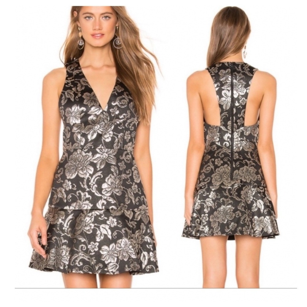 Alice + Olivia Clarine Black Silver Floral Jacquard Metallic Brocade Mini Dress